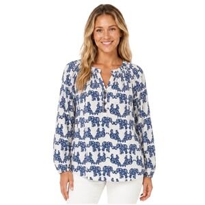 Lilly Pulitzer Elsa Top Blue White Elephant Print Silk Blouse Small